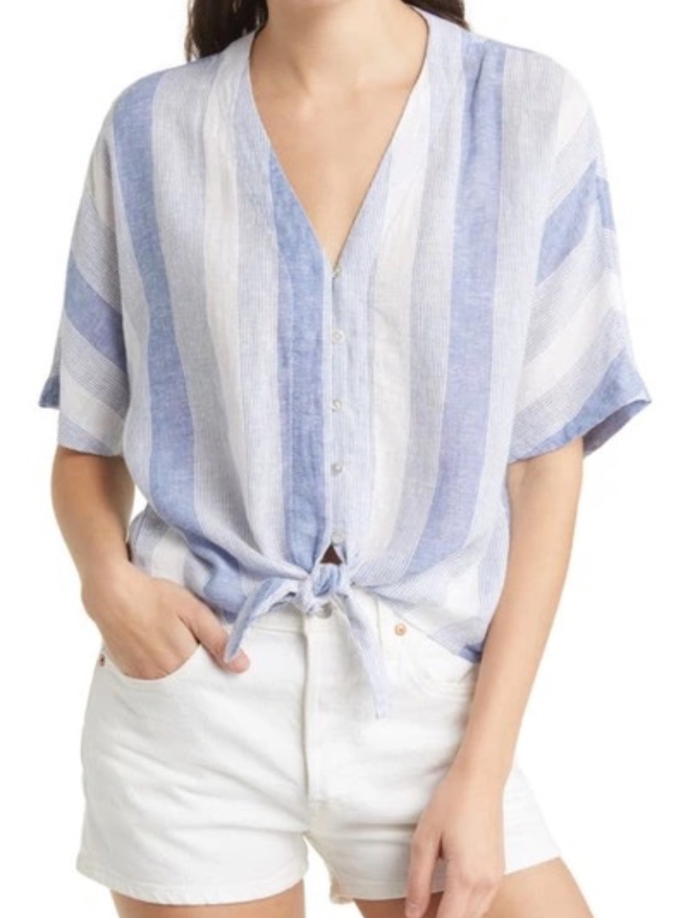 Rails Thea Striped Tie Front Top Linen Blend Blue Nevis Stripe Print Size XS - Picture 3 of 14
